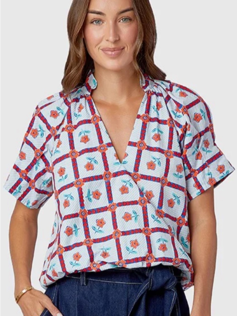 Floral Grid Short-Sleeve V-Neck Top - White/Red